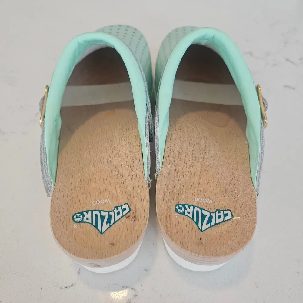 Calzuro Wood Clogs Light Aqua Green Perforated Leather Size 36 US 6.5-7
